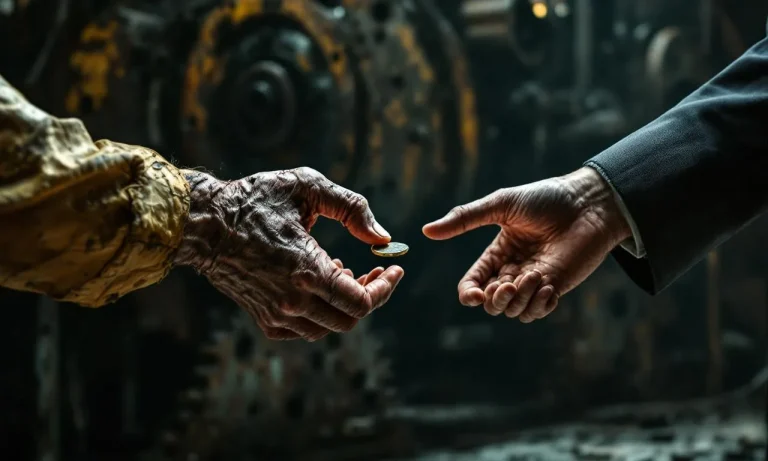 Une main usée d’ouvrier tend une pièce à une personne en costume dans une usine sombre, entourée de machines et d’engrenages.