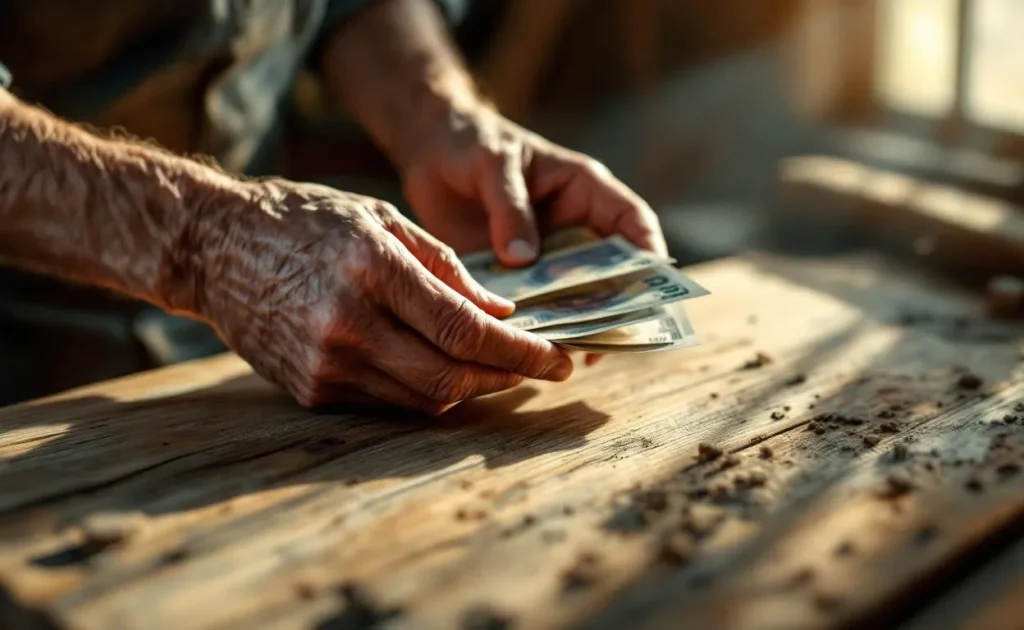 Deux mains usées échangent des billets de banque au-dessus d’un établi en bois éclairé par une lumière dorée.