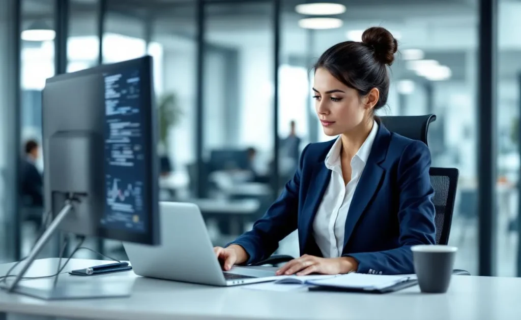 Un travailleur pensif est assis à un bureau moderne entouré d’écrans numériques et de documents papiers, symbolisant l’interaction entre compétences humaines et environnement de travail.