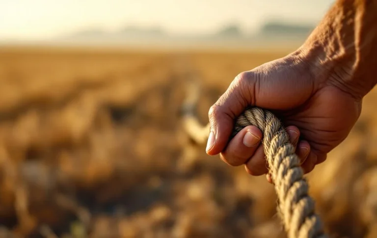 Une main solide tient une corde souple reliée à un ancrage et s'étendant vers un champ ouvert dans une lumière matinale.