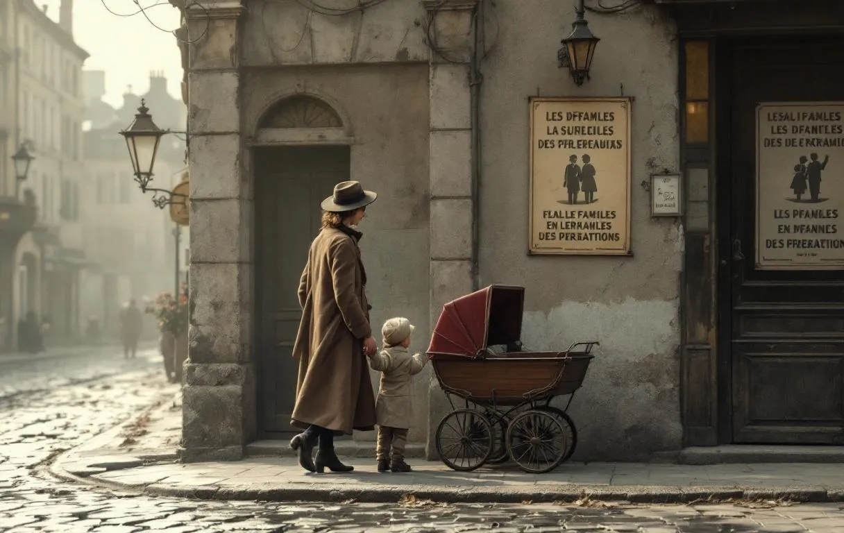 Une mère tient la main de son enfant près d’une poussette ancienne dans une rue française de 1945, avec des affiches gouvernementales sur les allocations familiales au mur.