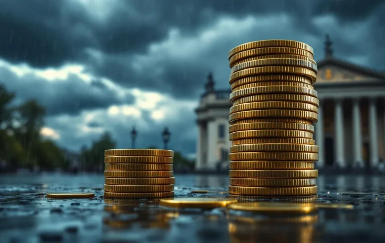 Un empilement de pièces en euros français vacille près d’un bâtiment gouvernemental sous des nuages menaçants.