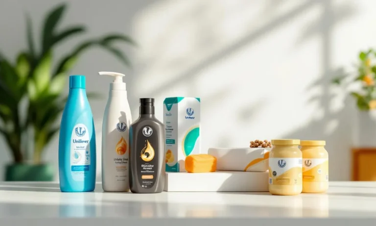 Un ensemble de dix produits phares de marques Unilever comme du shampoing, de la glace, du savon et de la mayonnaise sont disposés sur une table moderne sous une lumière naturelle douce.