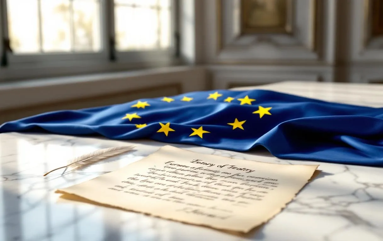 Drapeau bleu de l'Union européenne posé sur une table en marbre avec un traité ouvert, une plume et de la lumière entrant par une grande fenêtre.