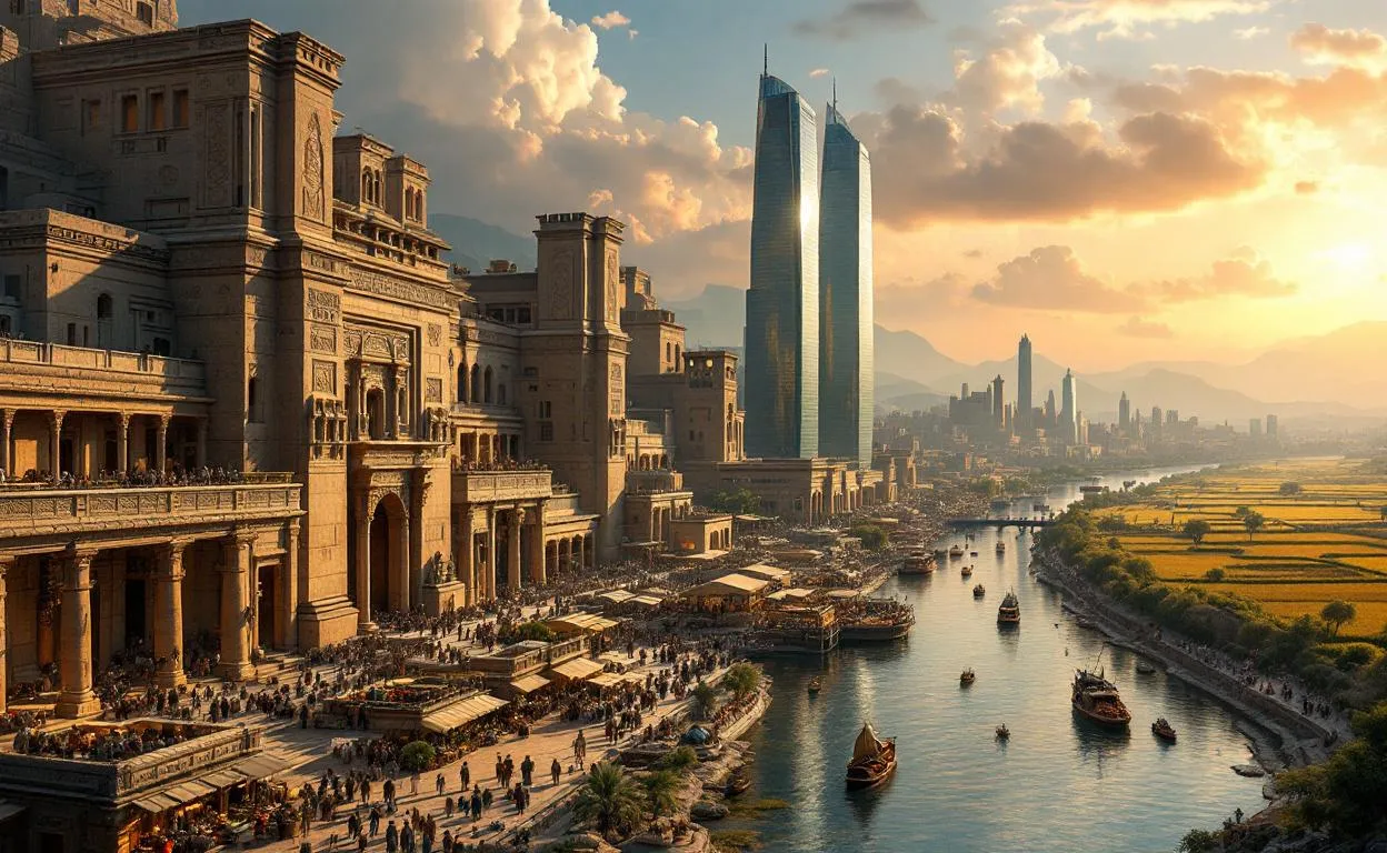 Un paysage montre une cité mêlant architecture ancienne et moderne, avec des marchés, des champs cultivés et des personnes réunies près d’un fleuve au coucher du soleil.