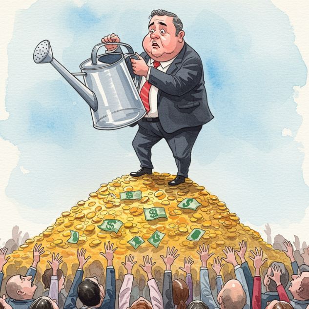Caricature politique représentant un homme d’affaires corpulent en costume debout sur une montagne de pièces et de billets, tenant un arrosoir transparent et vide au-dessus d’une foule de citoyens tendant leurs mains vides vers lui.