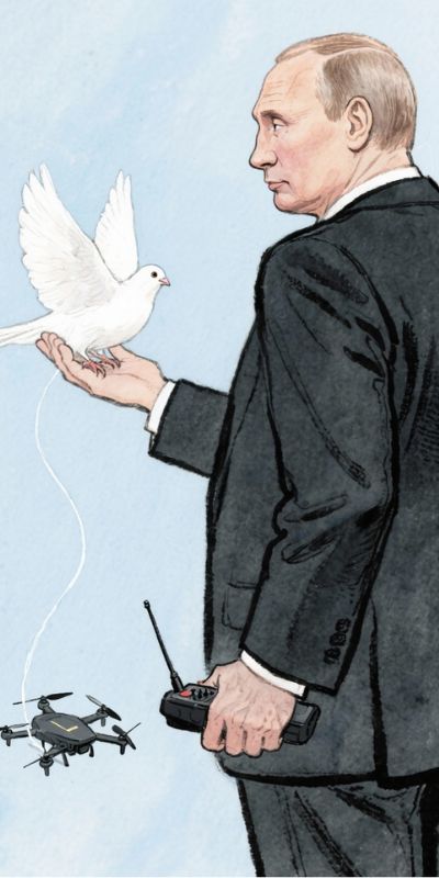 Caricature politique réaliste de Vladimir Poutine en costume sombre tendant une colombe blanche vers le spectateur, tandis qu’il cache dans son dos une télécommande de drone reliée à l’oiseau par un fil transparent.