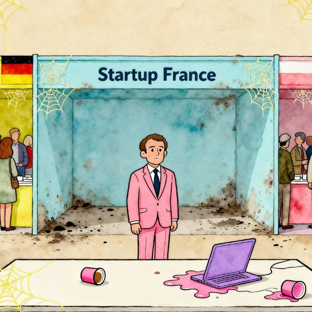 Caricature pastel représentant Emmanuel Macron dans un costume rose poudré, debout devant un stand « Startup France » entièrement vide et poussiéreux, décoré de toiles d’araignée jaune pâle, avec un ordinateur portable lavande éteint et des gobelets rose bubblegum renversés ; autour de lui, les stands colorés d’autres pays comme l’Allemagne débordent de visiteurs.