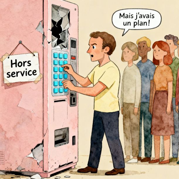 Caricature en style cartoon pastel montrant Emmanuel Macron devant un distributeur automatique rose pastel en panne, portant un t-shirt jaune pâle et appuyant frénétiquement sur des boutons bleu ciel ; un panneau « Hors service » est affiché, une bulle indique « Mais j’avais un plan ! », et une file de personnages colorés attend derrière lui.