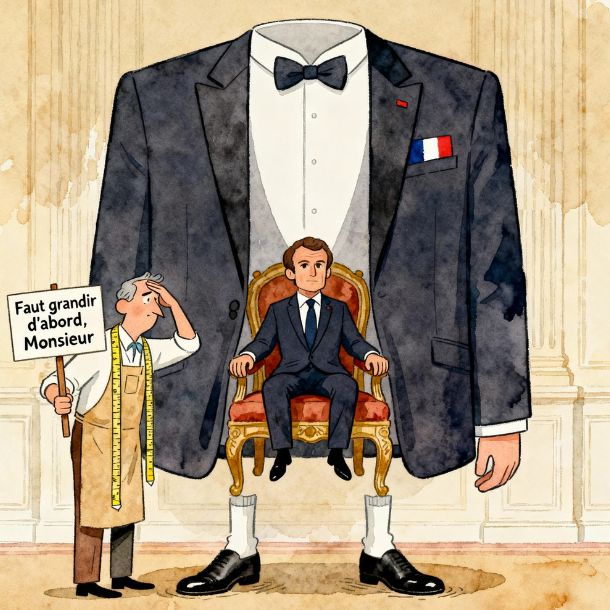 Caricature en style cartoon pastel montrant Emmanuel Macron assis sur un trône présidentiel, les pieds ne touchant pas le sol, enveloppé dans un immense costume trop grand pour lui, tandis qu’un tailleur tient un mètre ruban et un panneau « Faut grandir d’abord, Monsieur ».