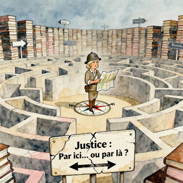 Caricature réaliste de Marine Le Pen en exploratrice avec casque colonial, carte dépliée et boussole tournant dans tous les sens, au milieu d’un immense labyrinthe formé de piles de Codes pénaux, avec des panneaux contradictoires indiquant différentes directions et une pancarte fissurée « Justice : Par ici… ou par là ? ».