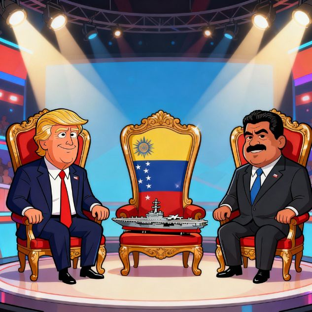 Caricature représentant Donald Trump et Nicolás Maduro assis dans deux fauteuils de style télé-réalité, face à un fauteuil miniature occupé par un porte-avions ; Trump lit une carte de jeu dans un décor inspiré de l’émission The Apprentice.