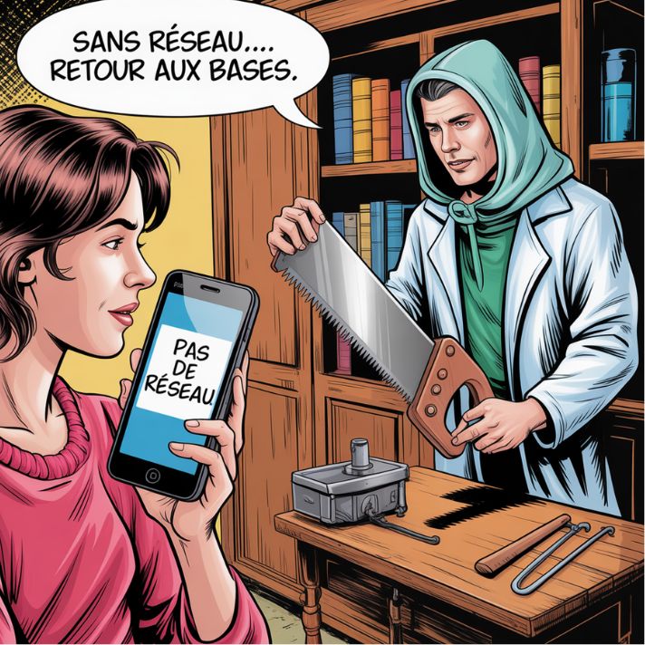 Caricature en couleurs montrant un patient tenant un smartphone affichant « Pas de réseau », tandis qu’un médecin coiffé d’une cagoule de bourreau en tissu choisit une scie médiévale dans un cabinet rempli d’outils anciens.
