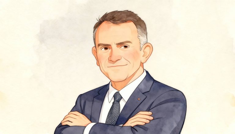 Représentation illustrée d'une personnalité = Hervé Moreau, artwork numérique d'un professionnel en tenue formelle aux bras croisés