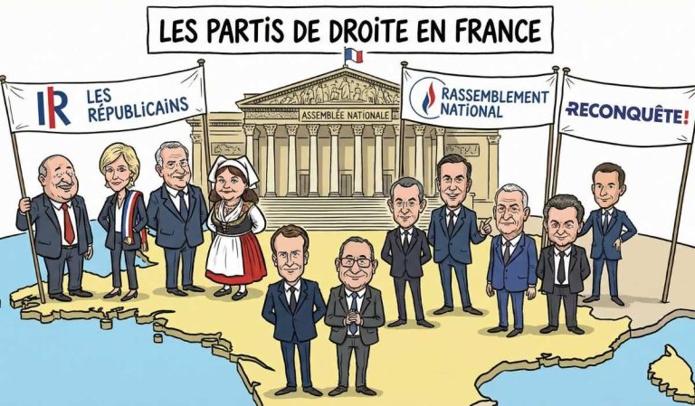 Illustration sur les partis de droite en France (avec Les républicains , le RN et Reconquête dans l'assemblée nationale)