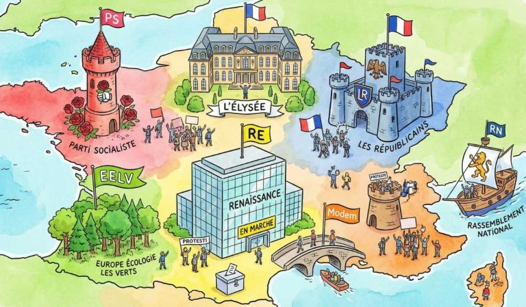Illustration sur les partis politique en FRance avec une carte de la France . Cette illustration représente une carte artistique de la France avec les principaux partis politiques français symbolisés par des bâtiments et couleurs caractéristiques : le Parti Socialiste (PS) avec un château rose à gauche, Renaissance (RE) et En Marche au centre avec l'Élysée, Les Républicains (LR) à droite avec un château bleu, et Europe Écologie Les Verts (EELV) en vert au sud-ouest. Chaque parti est représenté selon son positionnement politique traditionnel sur l'échiquier français, avec des symboles visuels évocateurs de leurs identités respectives. On retrouve également le Rassemblement National (RN) sur un bateau à l'est et le Modem au centre, illustrant ainsi le paysage politique français de 2025