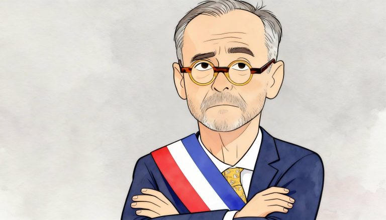 Illustration de Robert Menard, représentation artistique d'un homme politique = Robert Menard en costume bleu marine et portant l'écharpe tricolore