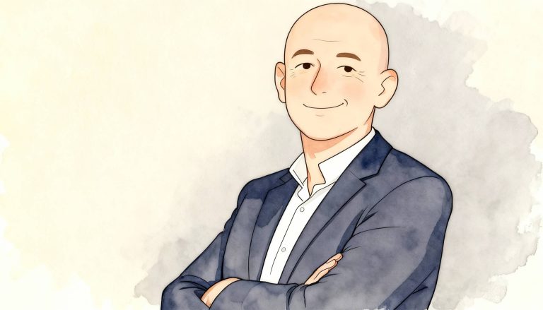 Portrait aquarellé de Thierry Beaudet adoptant une posture d'autorité avec les bras croisés