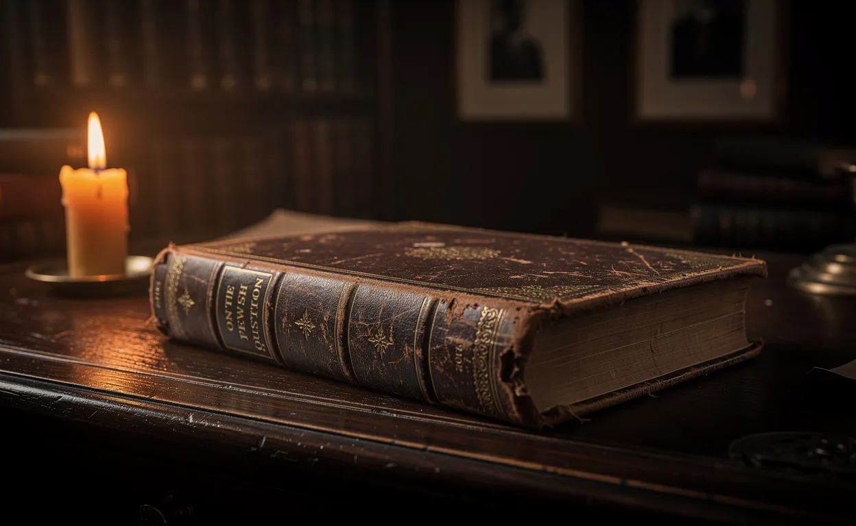 Un livre ancien intitulé "On the Jewish Question" repose sur un bureau en bois, éclairé par une bougie dans un bureau sombre.