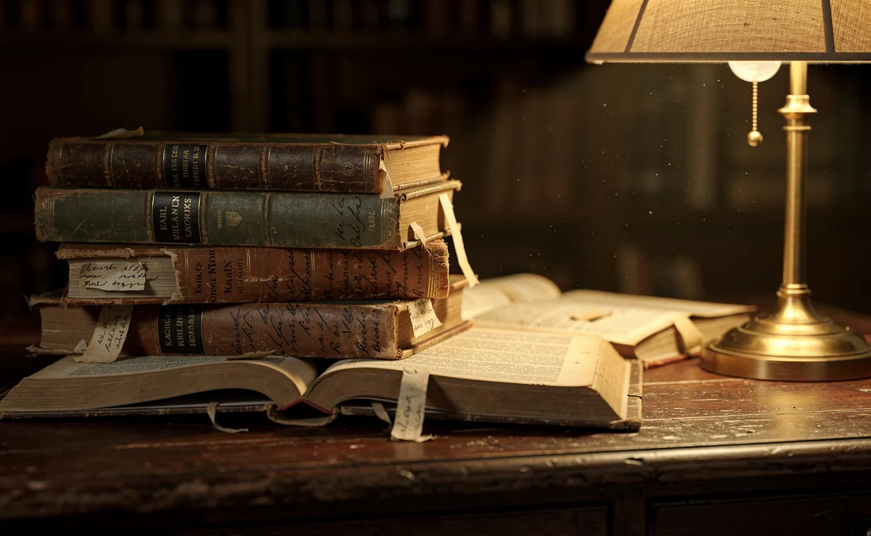 Un bureau en bois ancien avec des livres de Karl Marx empilés et annotés, éclairé par une lampe chaleureuse.