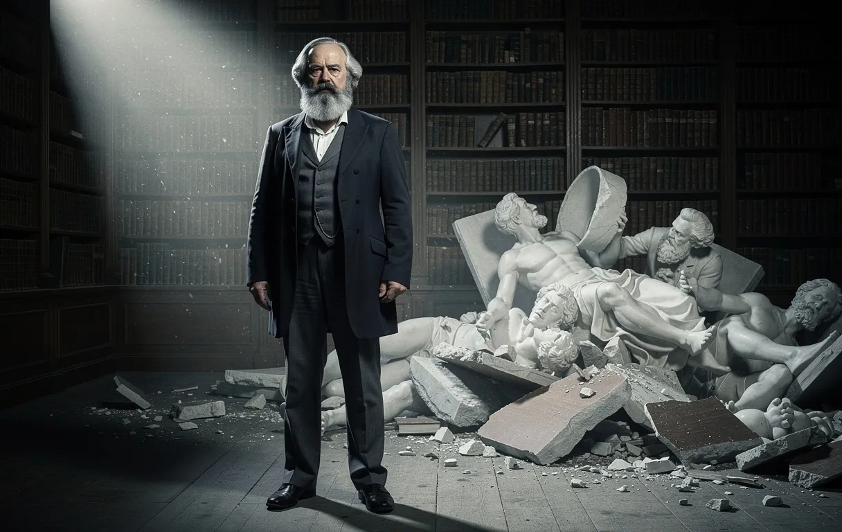 Karl Marx se tient devant une statue brisée de philosophes allemands dans une vieille bibliothèque aux rayons couverts de livres et à l’atmosphère sombre.