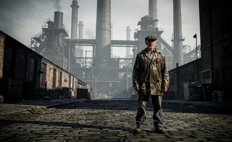 Un ouvrier solitaire se tient devant une grande usine sombre, sur des pavés usés, baigné d’une lumière dramatique.