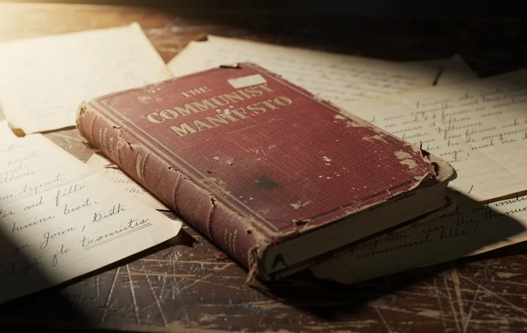 Un exemplaire ancien du Manifeste du Parti communiste repose sur un bureau en bois avec des notes manuscrites éparpillées, éclairé par une lumière chaude et des ombres douces.