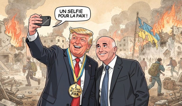 Caricature montrant Donald Trump et Gianni Infantino prenant un selfie avec une médaille “1er Prix de la Paix FIFA”, tandis qu’en arrière-plan apparaissent des flammes, des migrants courant et une zone ukrainienne bombardée surmontée d’un drapeau.