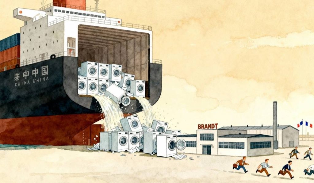 Illustration satirique représentant un immense cargo chinois amarré, sa cale ouverte déversant des machines à laver qui s’écrasent sur une minuscule usine Brandt, avec de petits ouvriers français fuyant la scène.