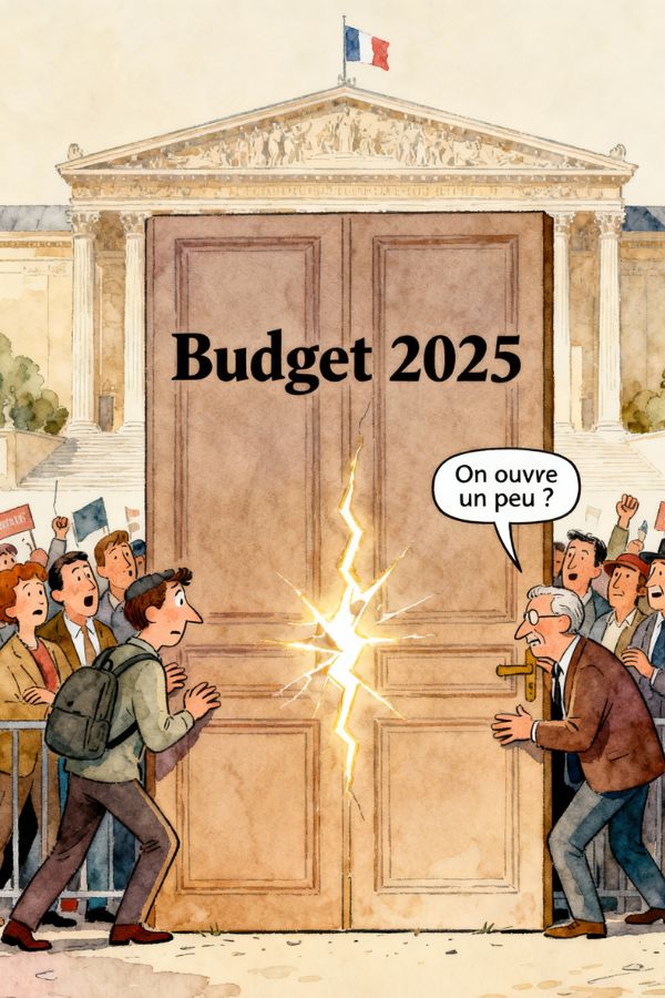 Caricature humoristique montrant des grévistes bloquant une immense porte marquée « Budget 2025 » devant l’Assemblée nationale, tandis qu’un ministre tente de l’ouvrir et demande « On ouvre un peu ? ».