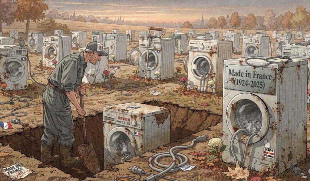 Illustration montrant un cimetière de machines à laver plantées verticalement comme des tombes, portant les logos d’anciennes marques françaises ; au premier plan, un fossoyeur creuse une tombe pour une machine Brandt avec l’inscription « Made in France (1924-2025) ».
