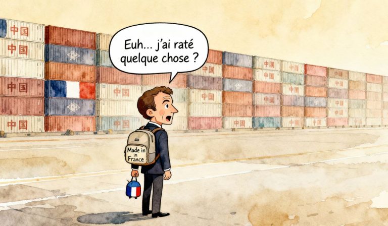Caricature humoristique d’Emmanuel Macron revenant de Chine avec un minuscule sac à dos “Made in France”, faisant face à un immense mur de containers chinois devant l’aéroport.