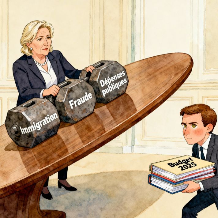 Caricature réaliste montrant Marine Le Pen posant trois lourds poids étiquetés « Immigration », « Fraude » et « Dépenses publiques » sur une grande table ovale qui s’incline vers elle, tandis que Sébastien Lecornu retient des dossiers « Budget 2025 », visage sérieux, cheveux châtains courts et yeux noisette, dans une atmosphère institutionnelle.