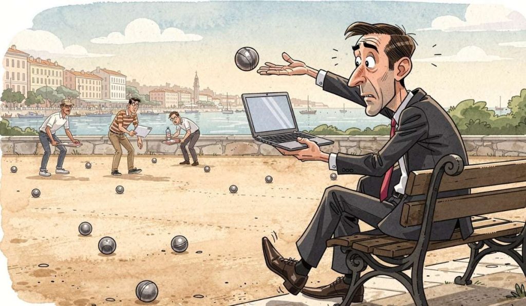Caricature montrant un employé de bureau marseillais assis sur un banc public face à un terrain de pétanque, tenant un ordinateur portable d’une main tout en lançant une boule de pétanque de l’autre ; style aquarelle, tons pastel et contours nets.