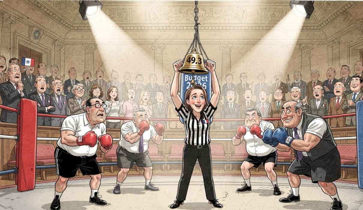Dessin de presse montrant l'hémicycle de l'Assemblée transformé en ring de boxe avec Montchalin en arbitre tenant un gong marqué 49.3