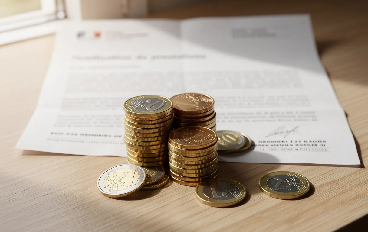 Des pièces d’euro françaises empilées devant une lettre d’allocations posées sur un bureau en bois éclairé par la lumière du matin.