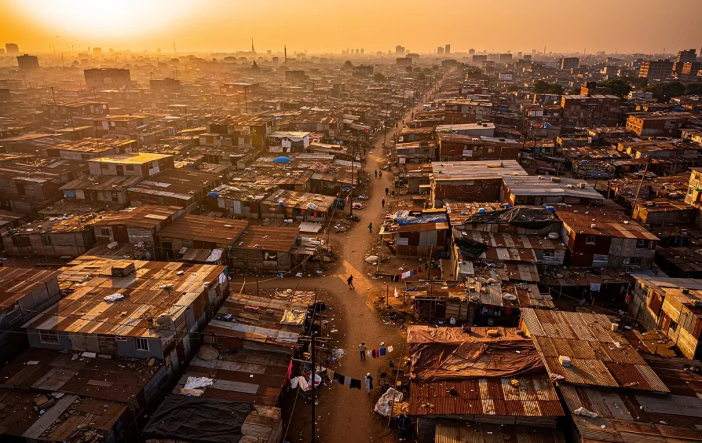Vue aérienne de maisons de fortune en tôle et bâches, serrées dans un quartier urbain dense au coucher du soleil.