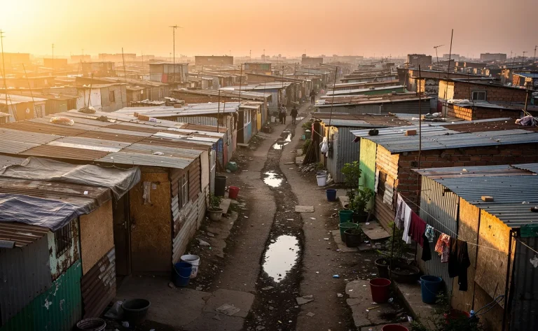 Un vaste bidonville aux abris de fortune serrés et aux sentiers sinueux est baigné par la lumière dorée du coucher du soleil.