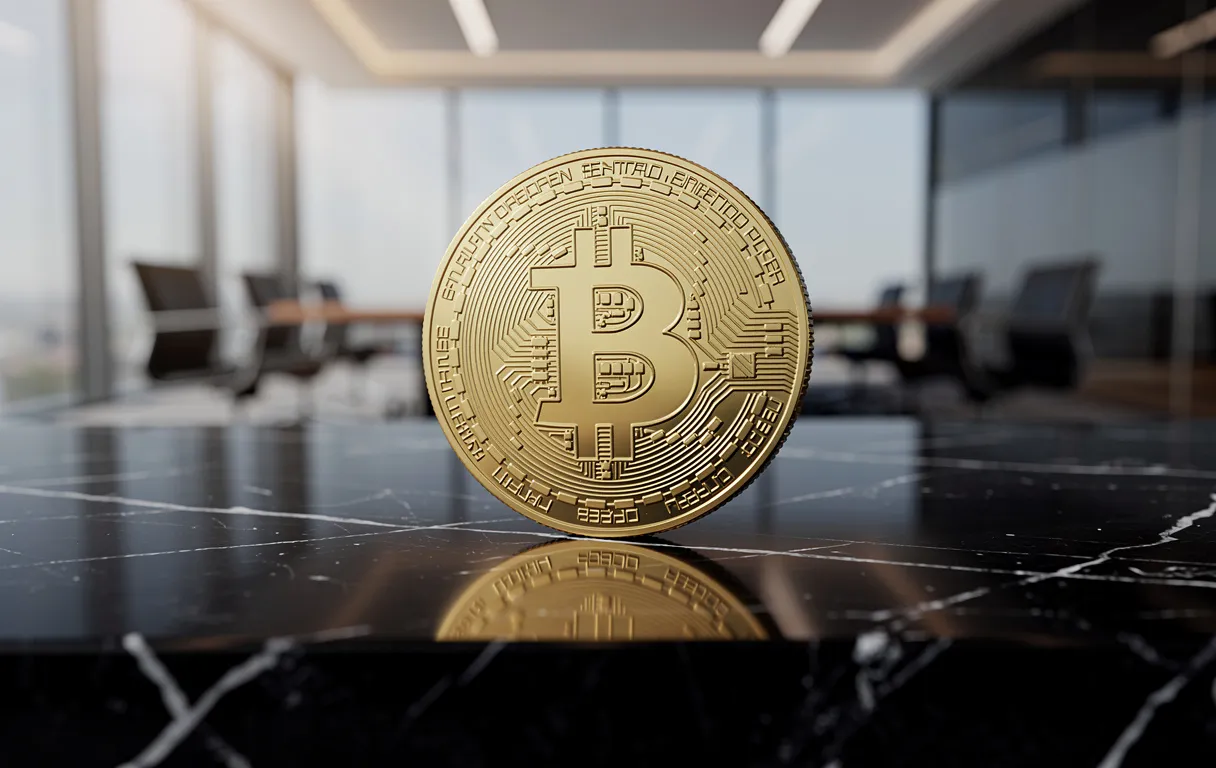 Une pièce de Bitcoin dorée posée sur un marbre noir réfléchissant, avec une salle de conférence floue en arrière-plan.