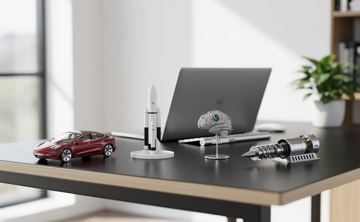 Un bureau moderne expose des maquettes miniatures de Tesla, SpaceX, Neuralink et The Boring Company sous une lumière naturelle.