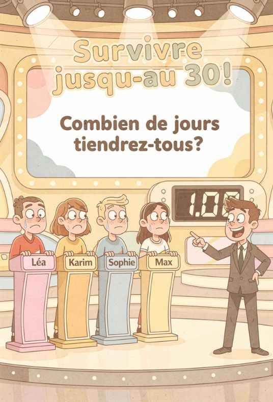 Caricature d'un plateau de jeu télévisé avec candidats stressés participant à un défi de survie financière mensuelle.