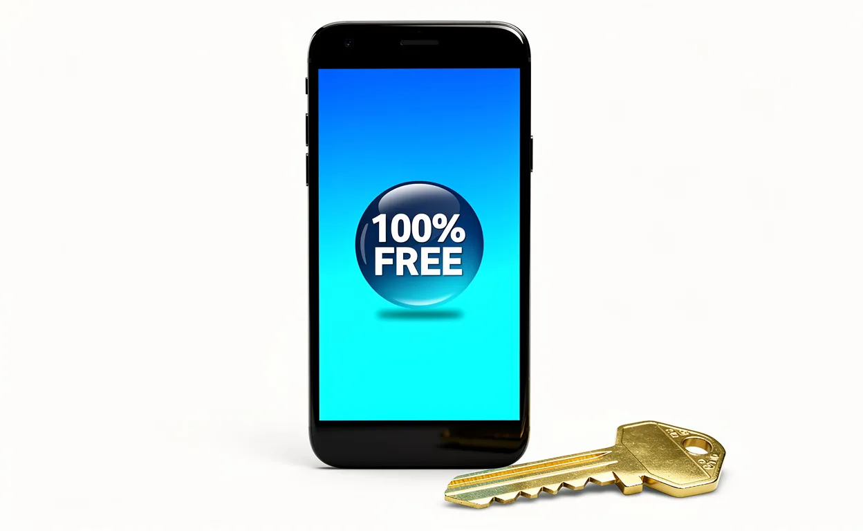 Un smartphone affiche un badge "100 percent free" sur un écran lumineux, posé sur fond blanc avec une clé dorée à côté.