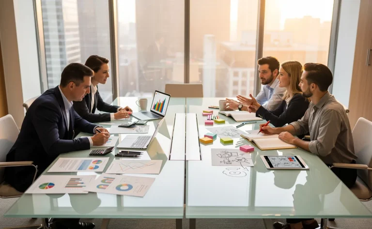 Une table de réunion en verre sépare un groupe discutant de chiffres et de graphiques d’une équipe échangeant des idées créatives, baignée par la lumière du matin dans un bureau élégant.
