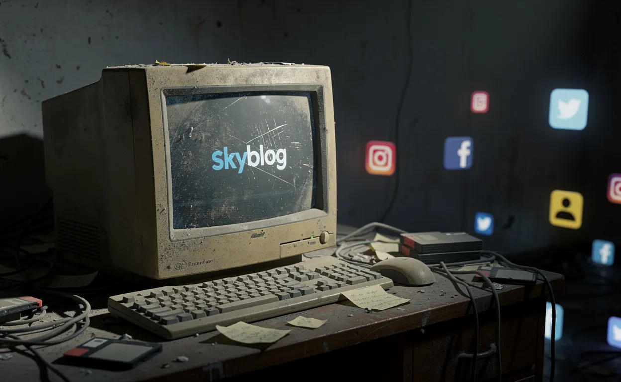 Un vieil ordinateur abandonné affiche discrètement le logo Skyblog sur un écran poussiéreux, entouré par des icônes d’applications de réseaux sociaux modernes dans une pièce sombre.