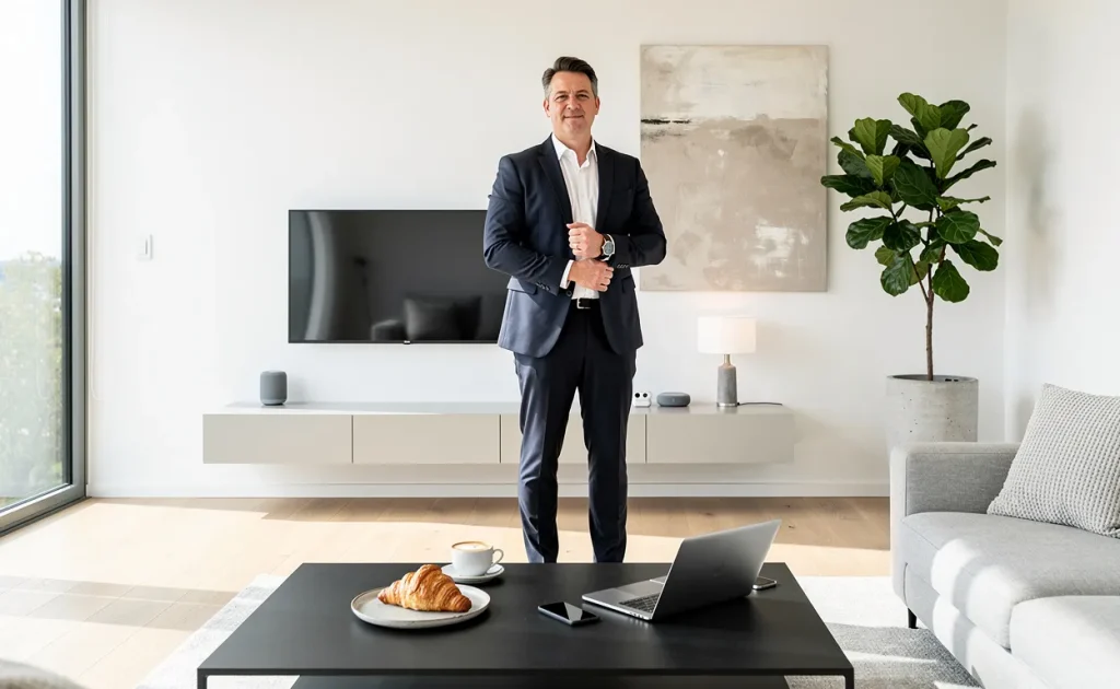 Un professionnel élégant se tient dans un salon moderne et épuré, entouré d’éléments culinaires raffinés, d’objets technologiques et de décoration stylée, le tout éclairé par la lumière du jour.