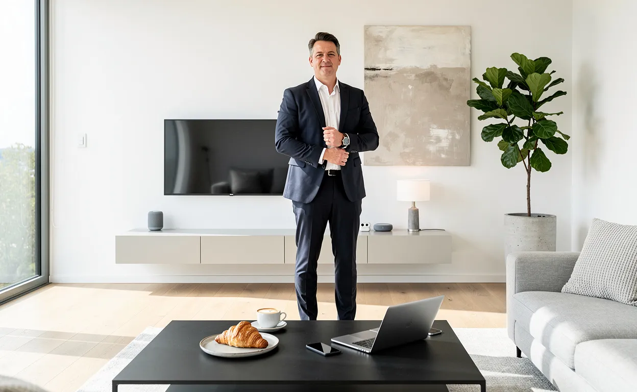Un professionnel élégant se tient dans un salon moderne et épuré, entouré d’éléments culinaires raffinés, d’objets technologiques et de décoration stylée, le tout éclairé par la lumière du jour.