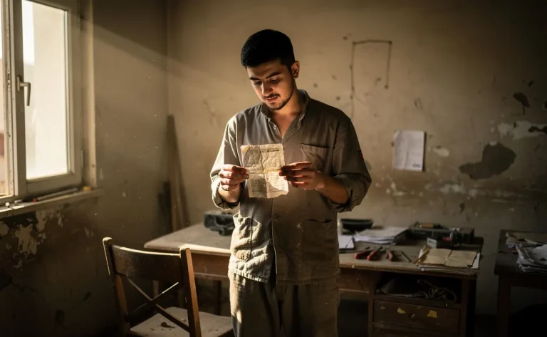 Un jeune ouvrier turc se tient seul dans un atelier modeste, tenant sa fiche de paie avec une expression mêlant espoir et inquiétude, sous une lumière tamisée filtrée par la fenêtre.