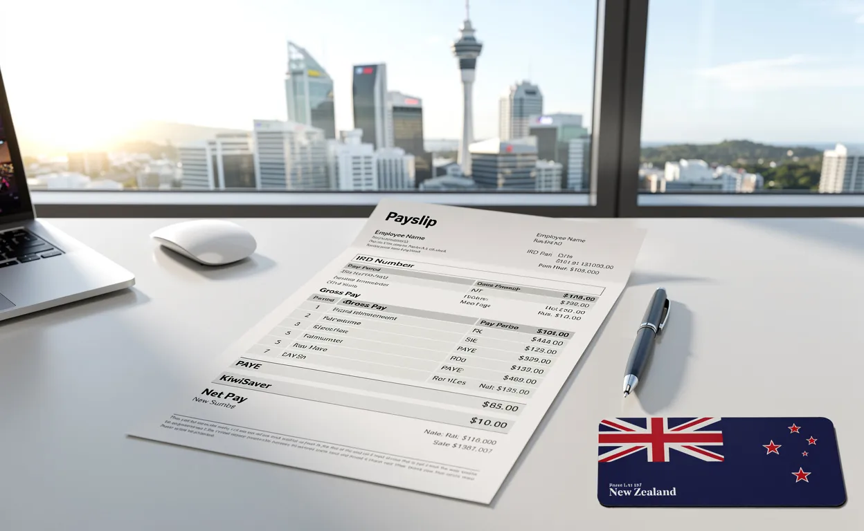 Un bulletin de paie néo-zélandais posé sur un bureau moderne avec un drapeau kiwi discret, devant une fenêtre donnant sur la skyline d’Auckland sous une lumière matinale.