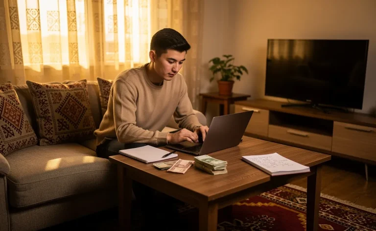 Un jeune professionnel kazakh compte des billets et examine des dépenses familiales sur un ordinateur portable dans un salon bien rangé, baigné de lumière douce.