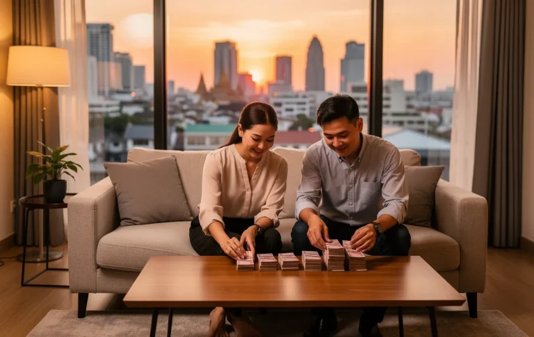 Un couple de jeunes professionnels compte des billets de baht thaïlandais sur une table basse dans un salon d’appartement moderne avec vue sur Bangkok au coucher du soleil.